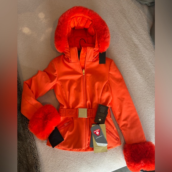 NWT Goldbergh Giselle Softshell Down Jacket With Fur Cuffs in Orange size 34 - Picture 3 of 3